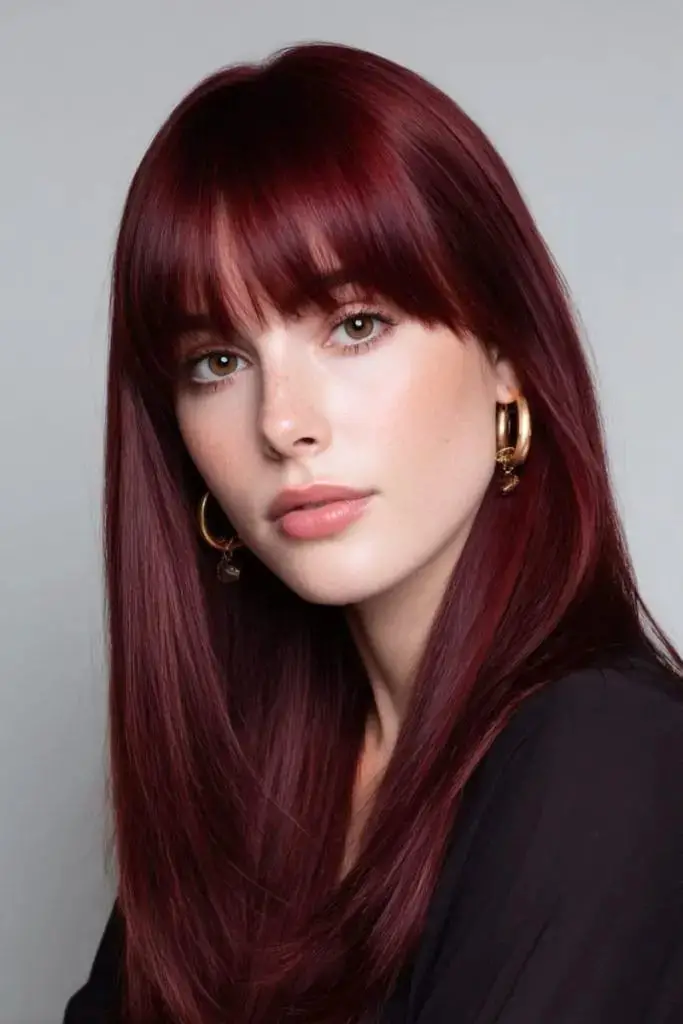 Mid-Back Deep Burgundy Red With Full Bangs — Classy Wine Red Hair
