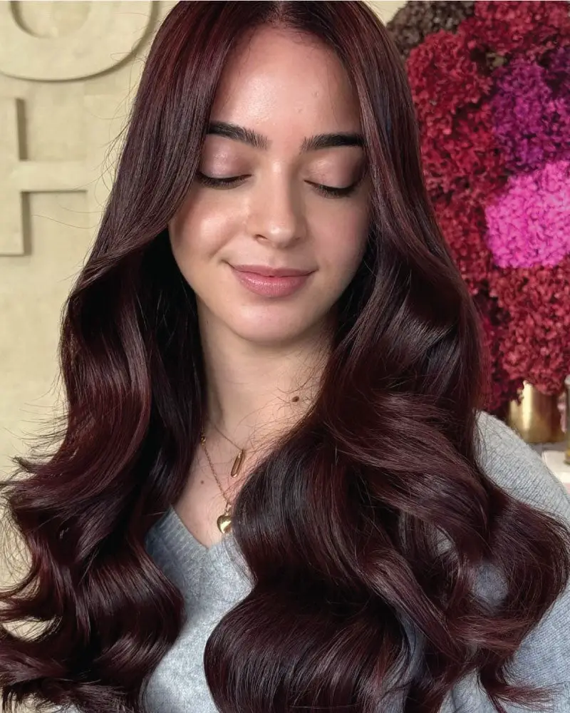 Deep Glossy Wine Red Mid-Back Waves — Classy Wine Red Hair