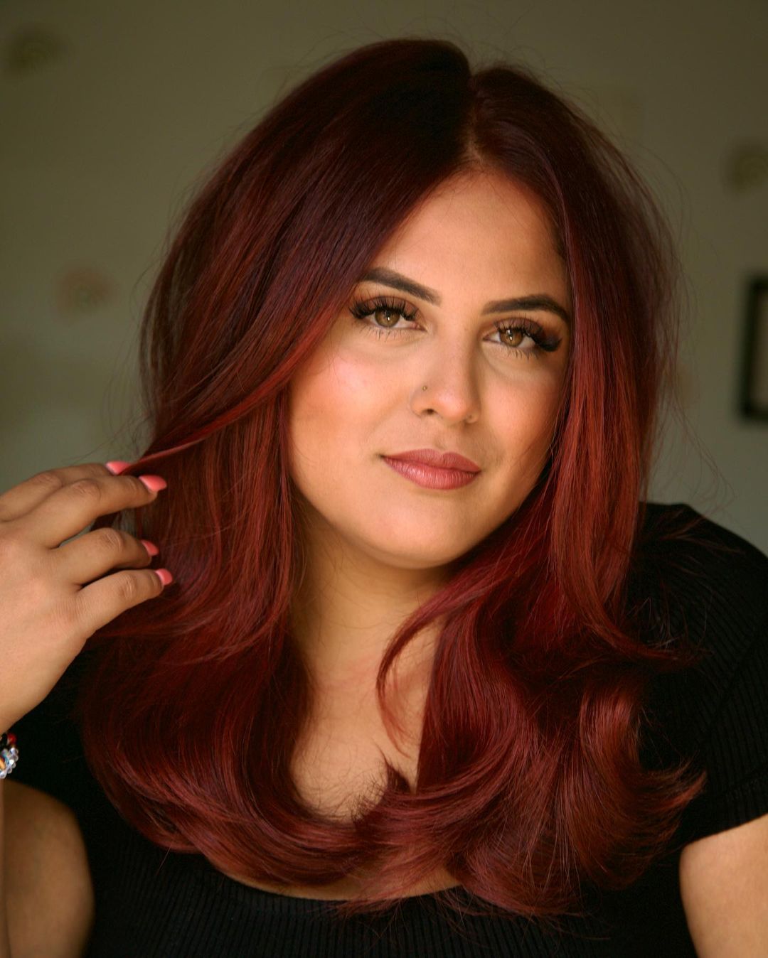 Collarbone Deep Wine Red With Highlights And Curtain Bangs — Classy Wine Red Hair