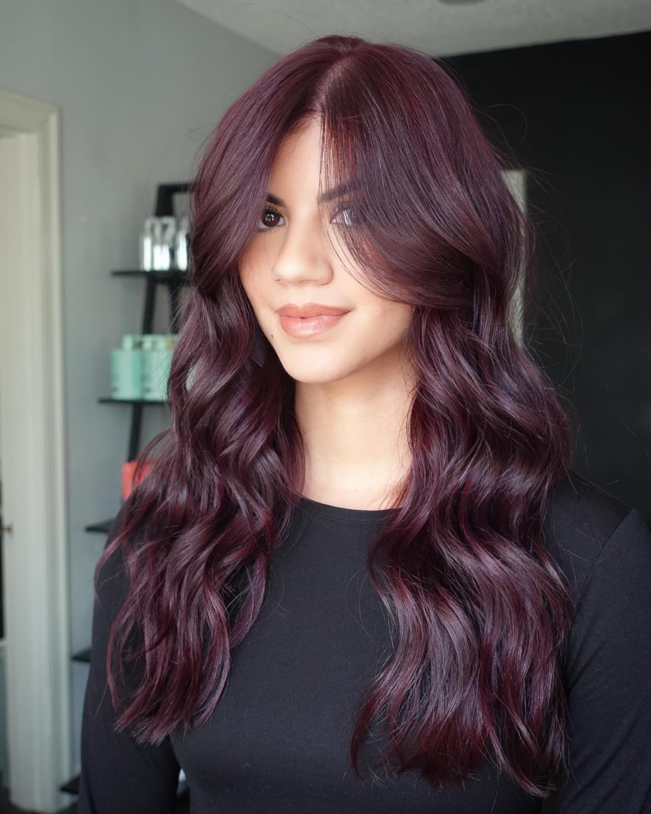 Mid-Back Burgundy Waves With Side Part — Classy Wine Red Hair