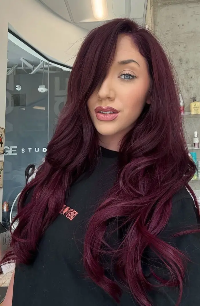 Deep Burgundy With Red Tones And Side Swept Bangs — Classy Wine Red Hair
