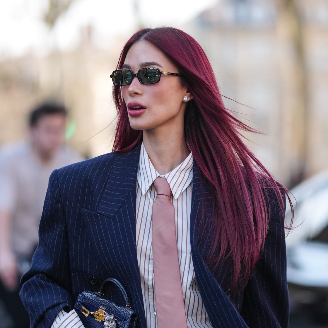 Collarbone Lob Glossy Black Cherry With Curtain Bangs — Classy Wine Red Hair