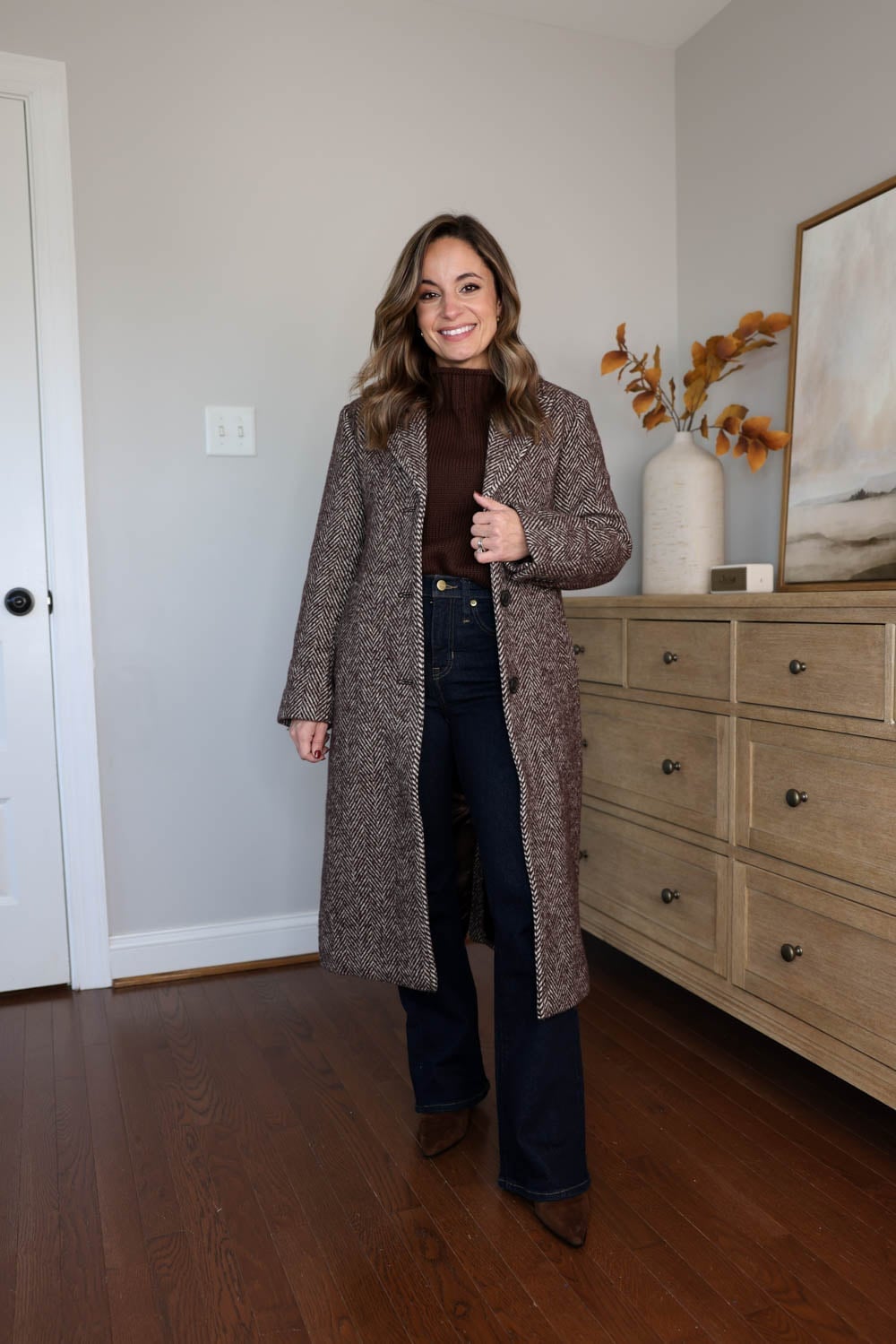 Brown and White Textured Wool Coat with Flared Jeans — Classy Wool Coat Outfits