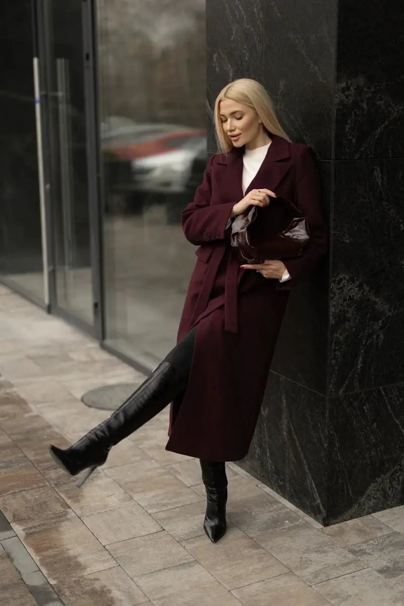 Burgundy Belted Wool Coat with Black Trousers — Classy Wool Coat Outfits