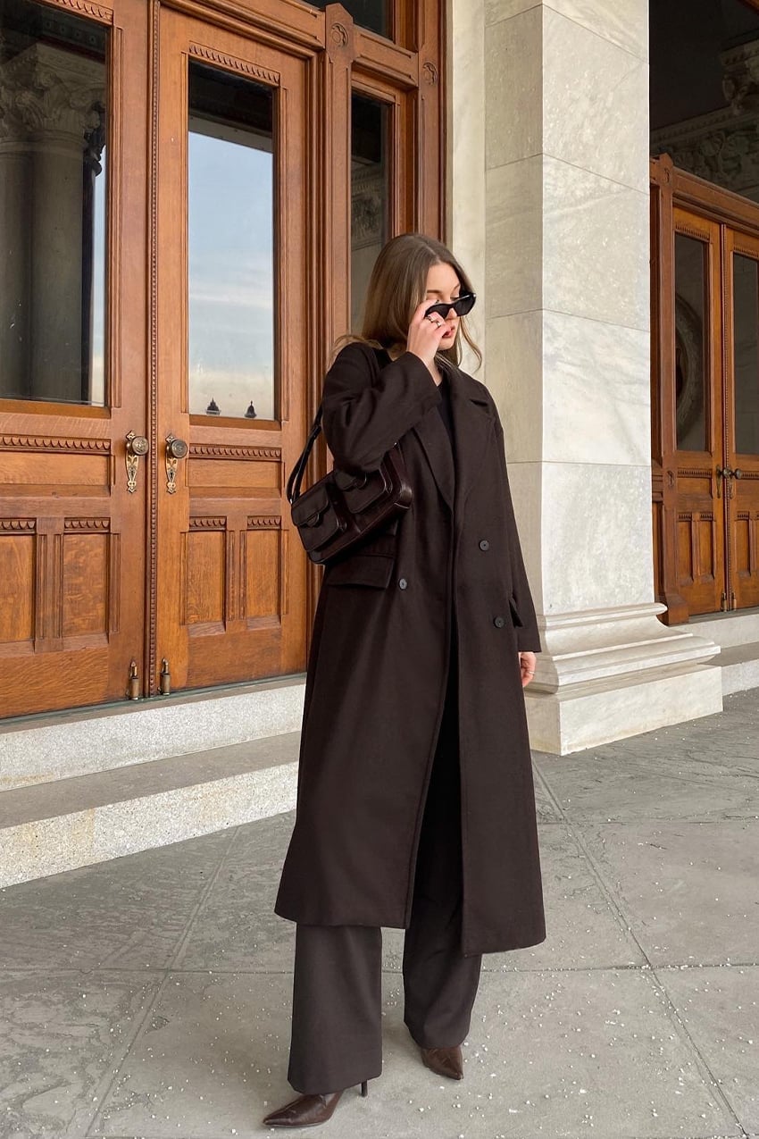 Dark Brown Wool Coat with Matching Top and Wide-Leg Trousers — Classy Wool Coat Outfits