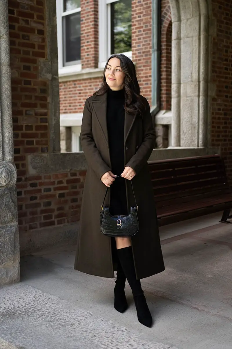 Dark Olive Green Wool Coat Over Black Turtleneck Dress — Classy Wool Coat Outfits