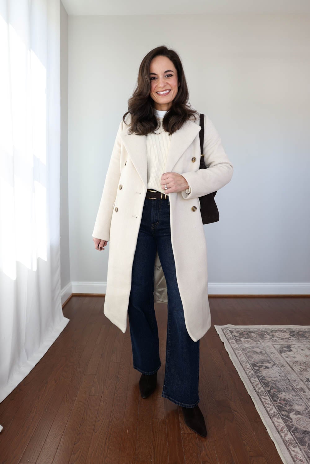 Cream Wool Coat Over Knit Sweater and Flare Jeans — Classy Wool Coat Outfits