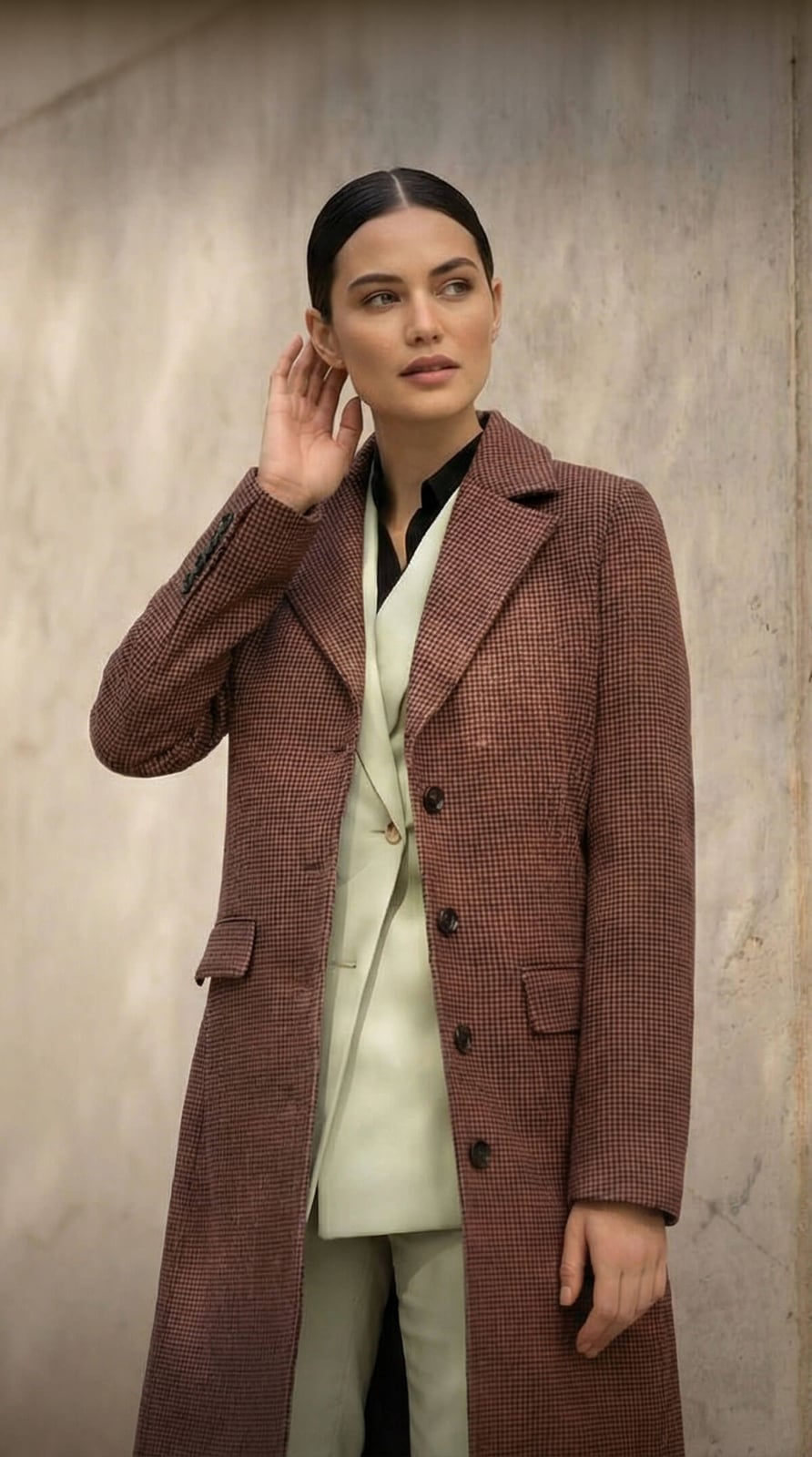 Houndstooth Wool Coat with Vest and Shirt — Classy Wool Coat Outfits