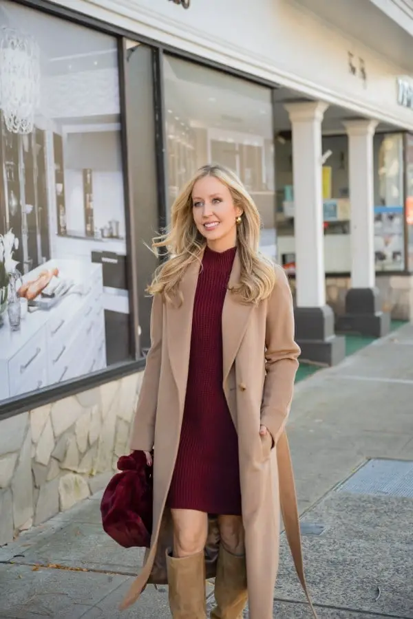 Camel Wool Coat Over Burgundy Knit Dress — Classy Wool Coat Outfits