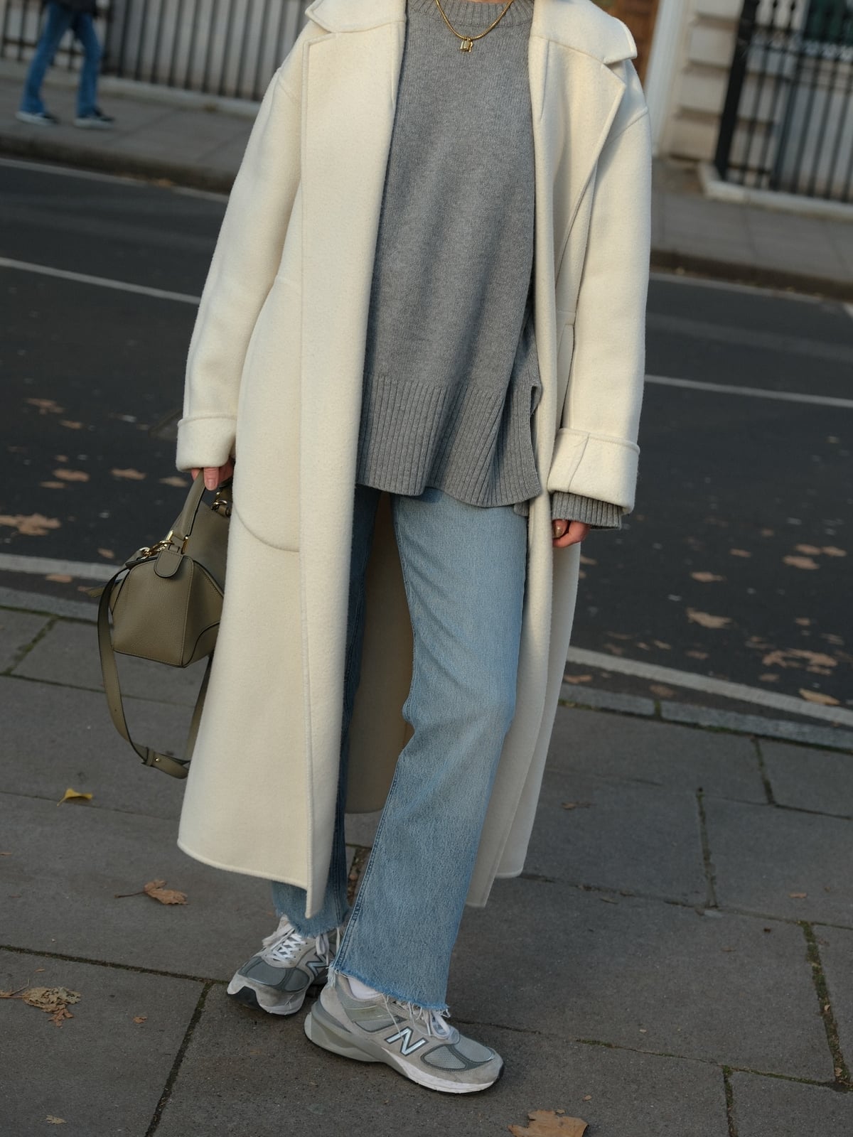 Cream Wool Coat with Gray Sweater and Light Blue Jeans — Classy Wool Coat Outfits