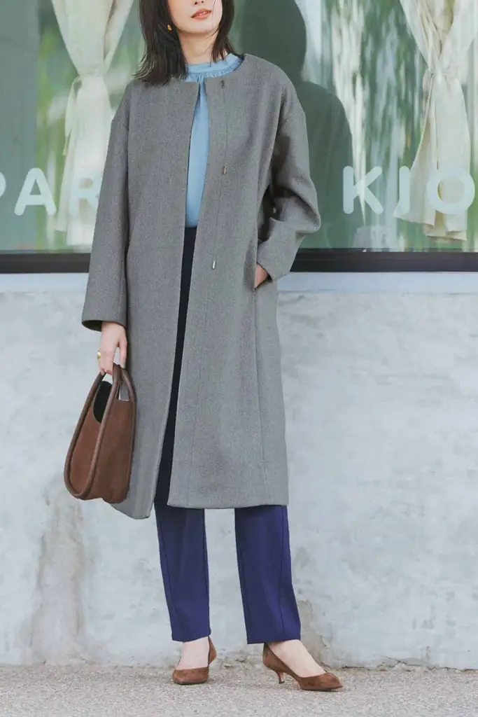 Gray Textured Wool Coat Over Blue Blouse and Navy Trousers — Classy Wool Coat Outfits