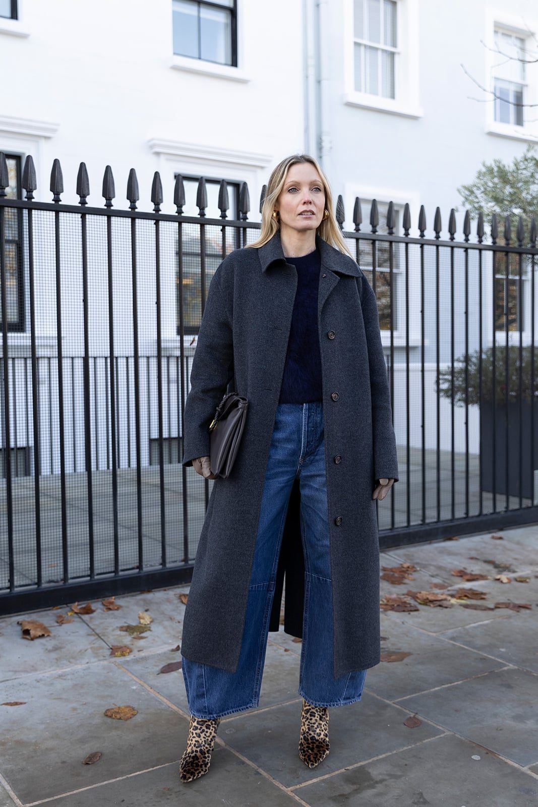 Gray Wool Coat Over Navy Sweater and Wide-Leg Jeans — Classy Wool Coat Outfits