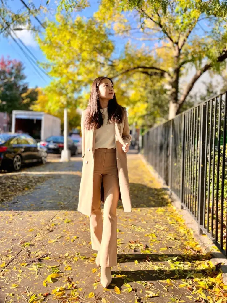 Monochromatic Camel Wool Coat with Flared Trousers — Classy Wool Coat Outfits