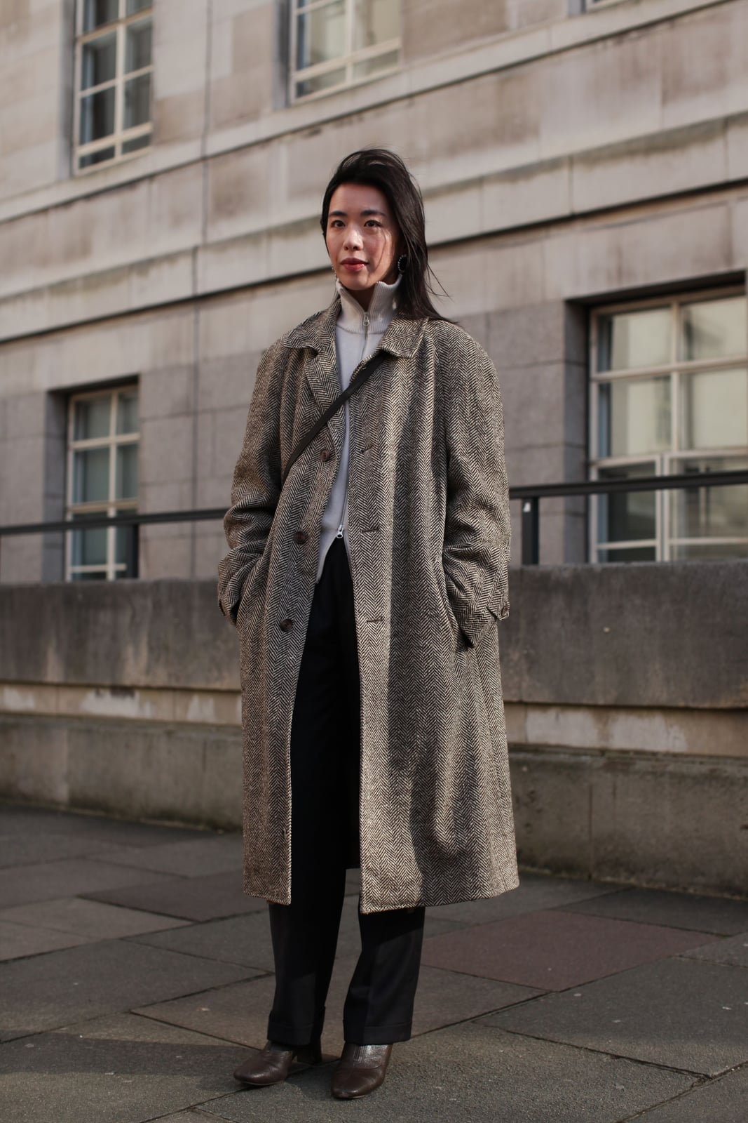 Oversized Gray Herringbone Wool Coat with White Sweater — Classy Wool Coat Outfits