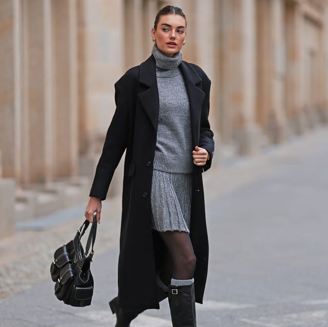 Black Wool Coat with Gray Knit Skirt and Turtleneck — Classy Wool Coat Outfits