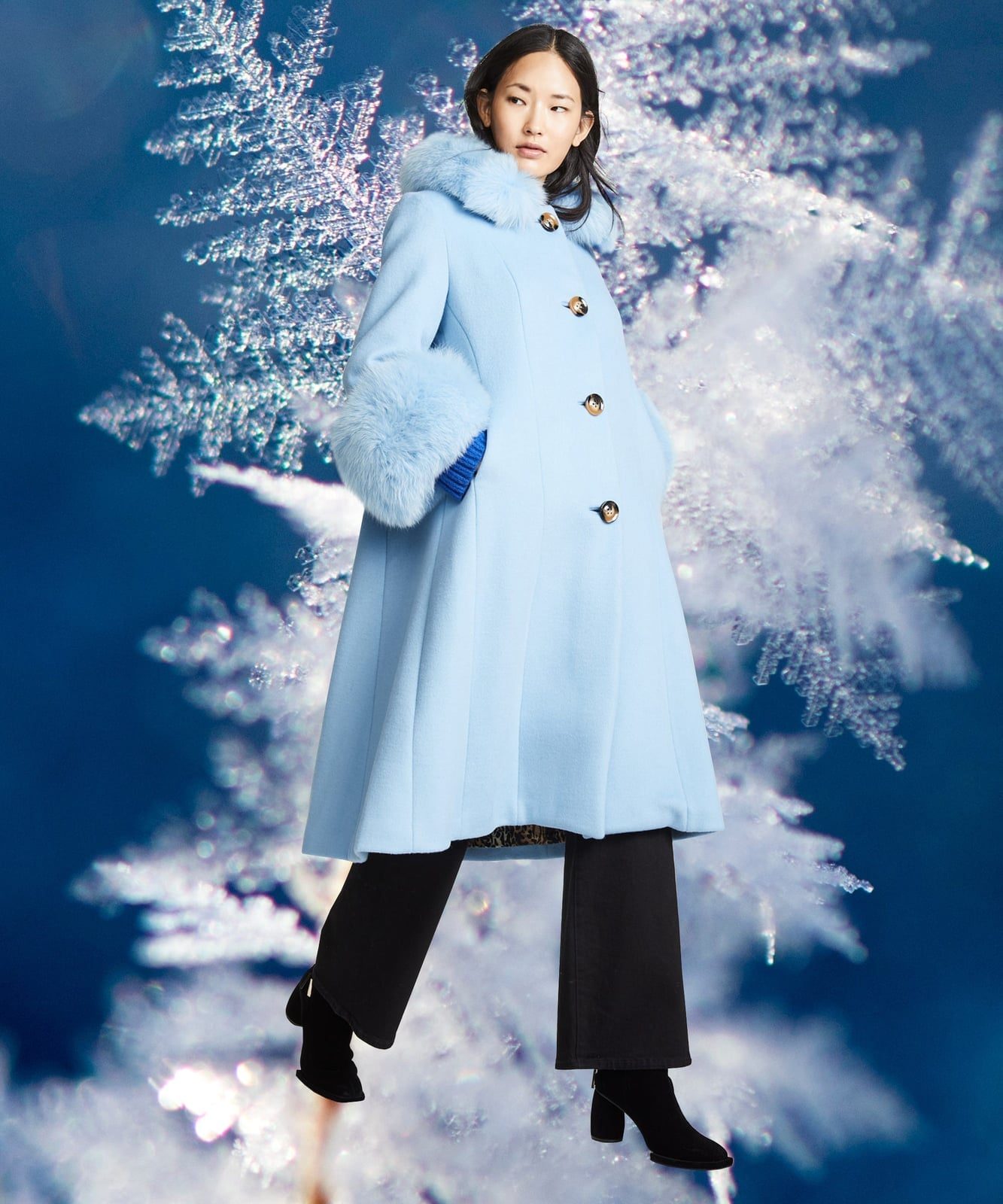 Light Blue Wool Coat with Fur Trim and Wide-Leg Pants — Classy Wool Coat Outfits