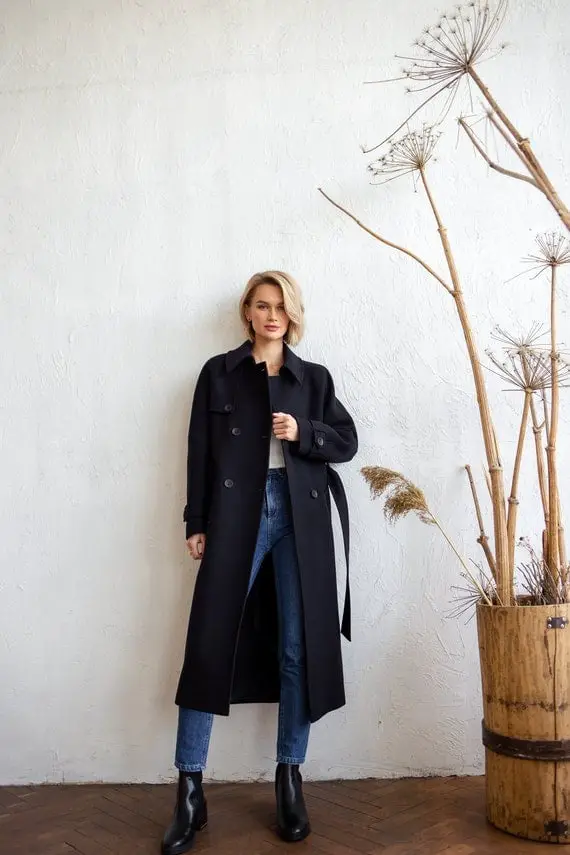 Black Trench Coat Over Gray T-Shirt and Blue Jeans — Classy Wool Coat Outfits