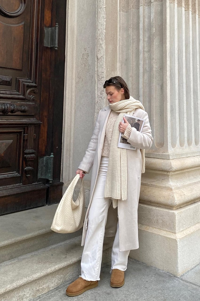 Cream Oversized Wool Coat with Knit Sweater and Wide-Leg Pants — Classy Wool Coat Outfits