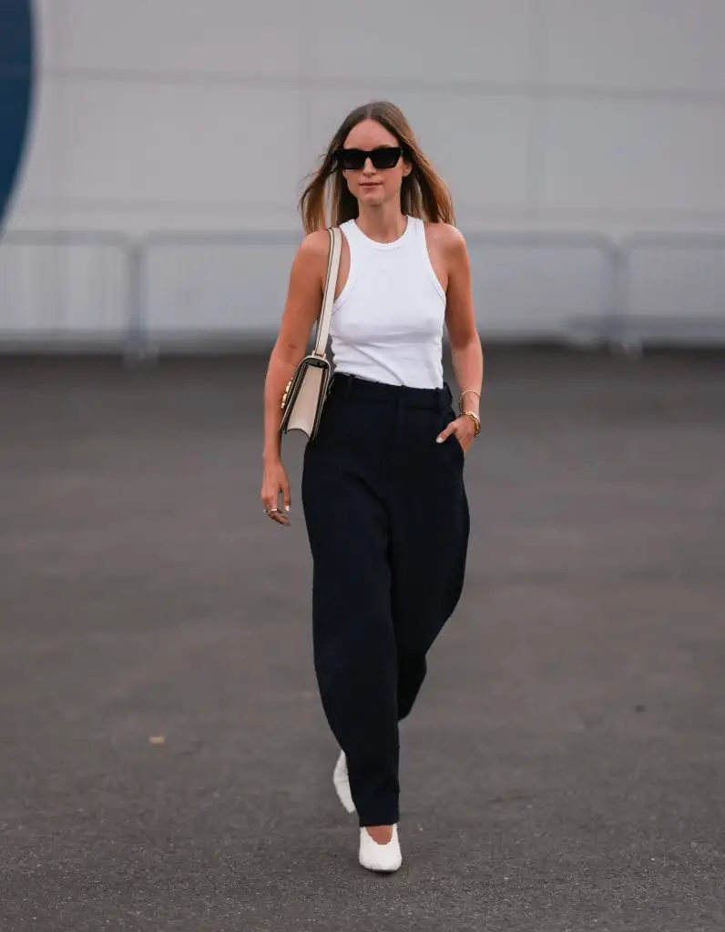 White Tank and Navy Trousers with Ballet Flats — Classy Work From Home Outfits