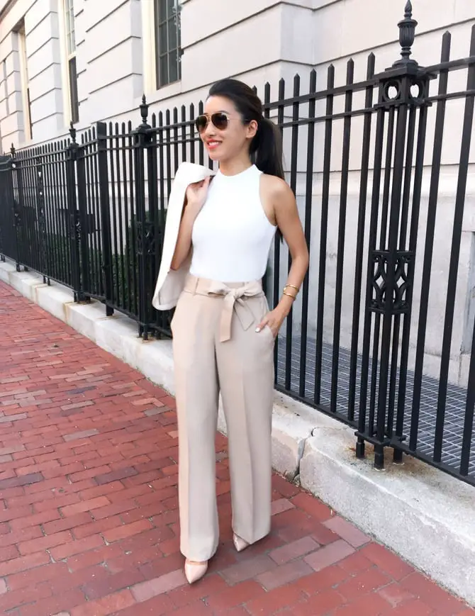 Beige Wide-Leg Trousers with Paperbag Waist — Classy Work From Home Outfits
