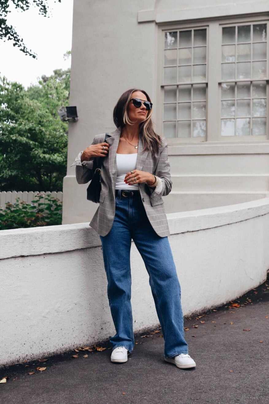 Gray Plaid Blazer with White Tank and Jeans — Classy Work From Home Outfits