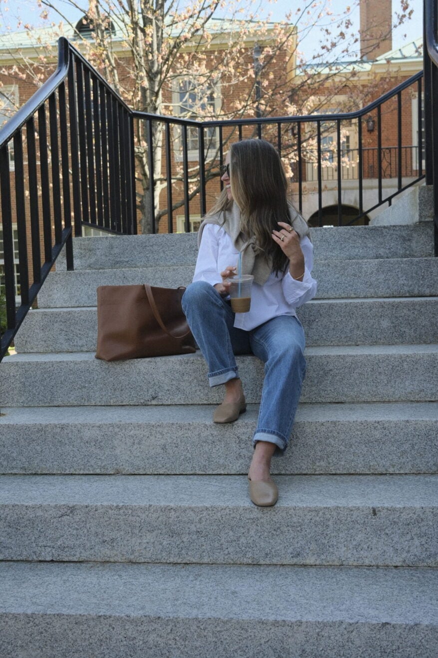White Shirt and Cardigan with Rolled Jeans — Classy Work From Home Outfits