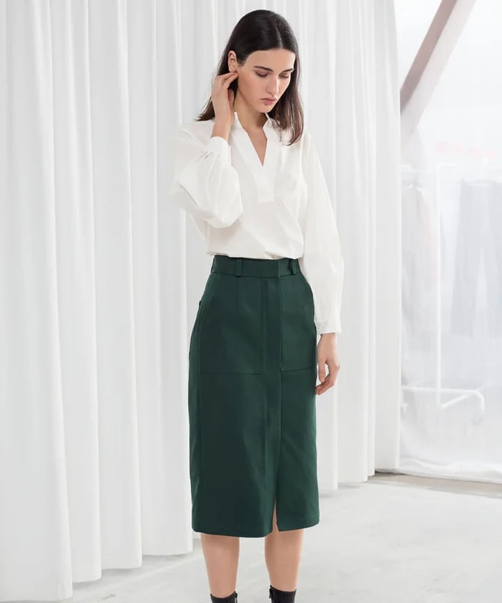 White Blouse and Deep Green Midi Skirt — Classy Work From Home Outfits