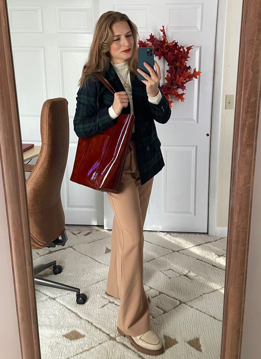 Plaid Blazer and Cream Turtleneck with Loafers — Classy Work From Home Outfits