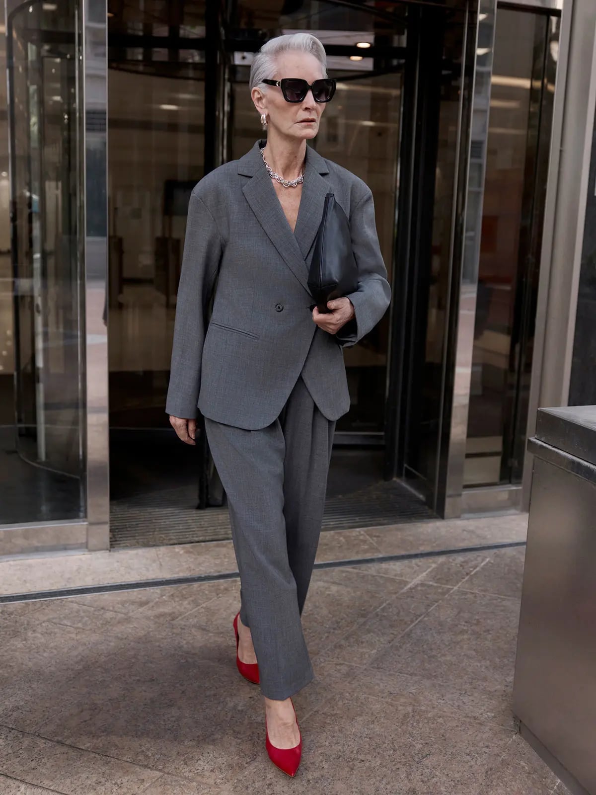 Gray Double-Breasted Suit with Statement Red Heels — Classy Work From Home Outfits