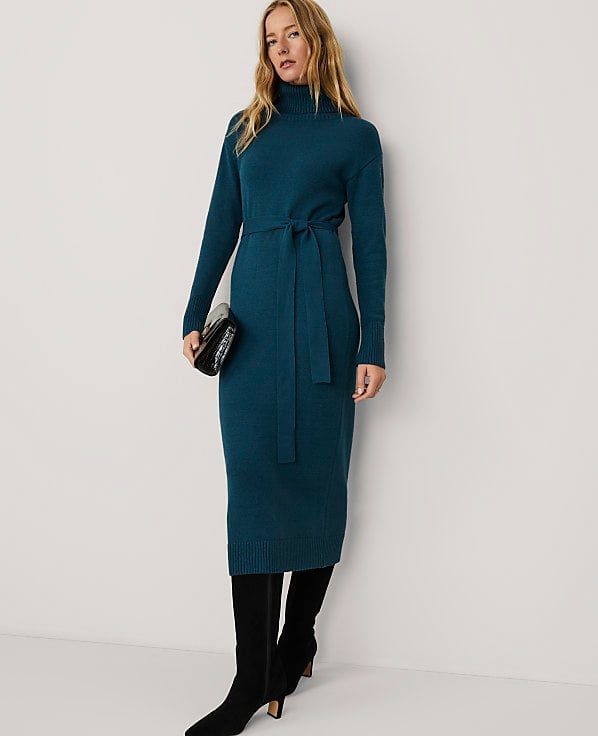 Teal Belted Knit Dress with Black Boots — Classy Work From Home Outfits