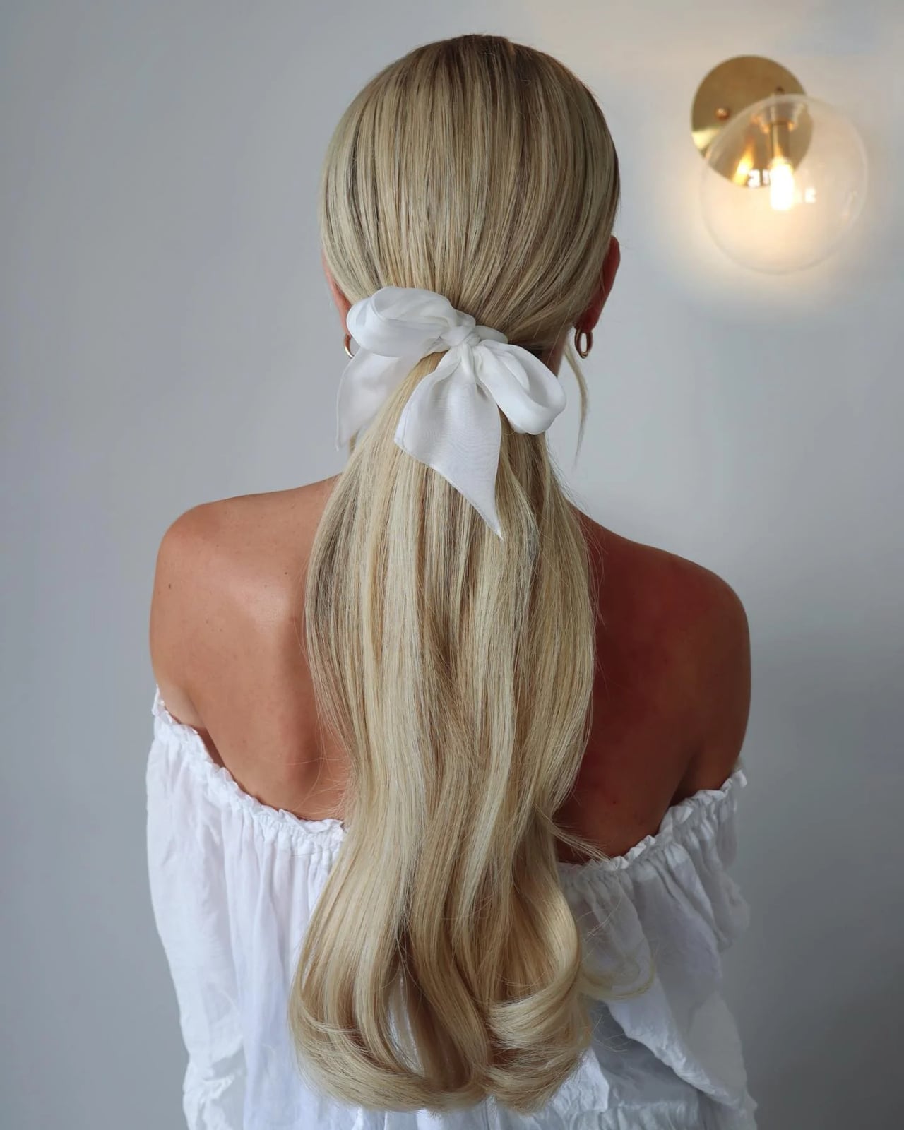 Ash Blonde High Ponytail With Ribbon Ash Blonde High Ponytail With Ribbon — Classy Work Hair