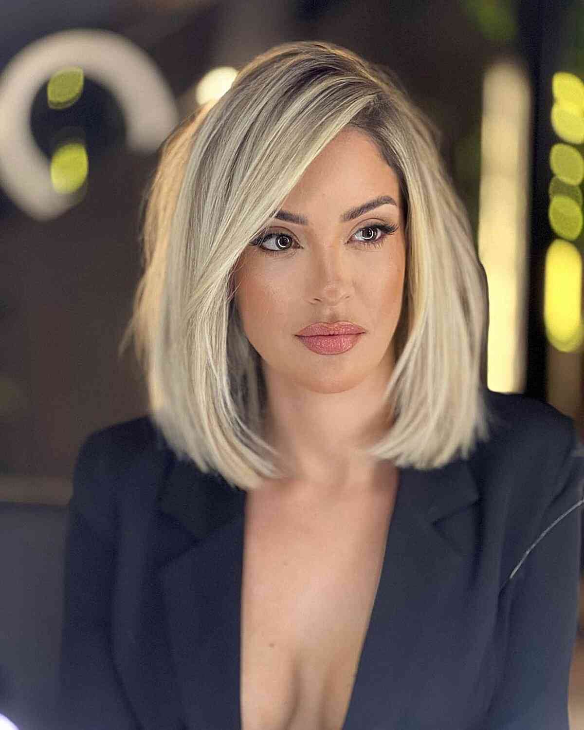 Layered Ash Blonde Chin Bob Layered Ash Blonde Chin Bob — Classy Work Hair