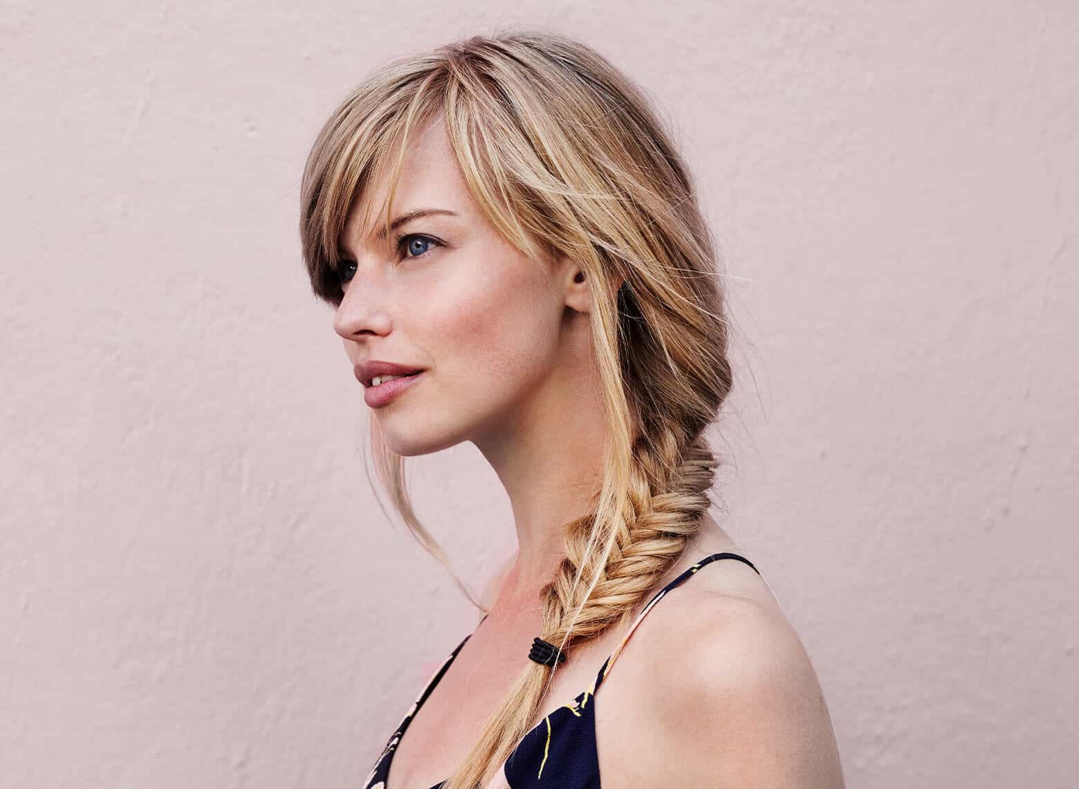 Blonde Fishtail Braid With Curtain Bangs Blonde Fishtail Braid With Curtain Bangs — Classy Work Hair