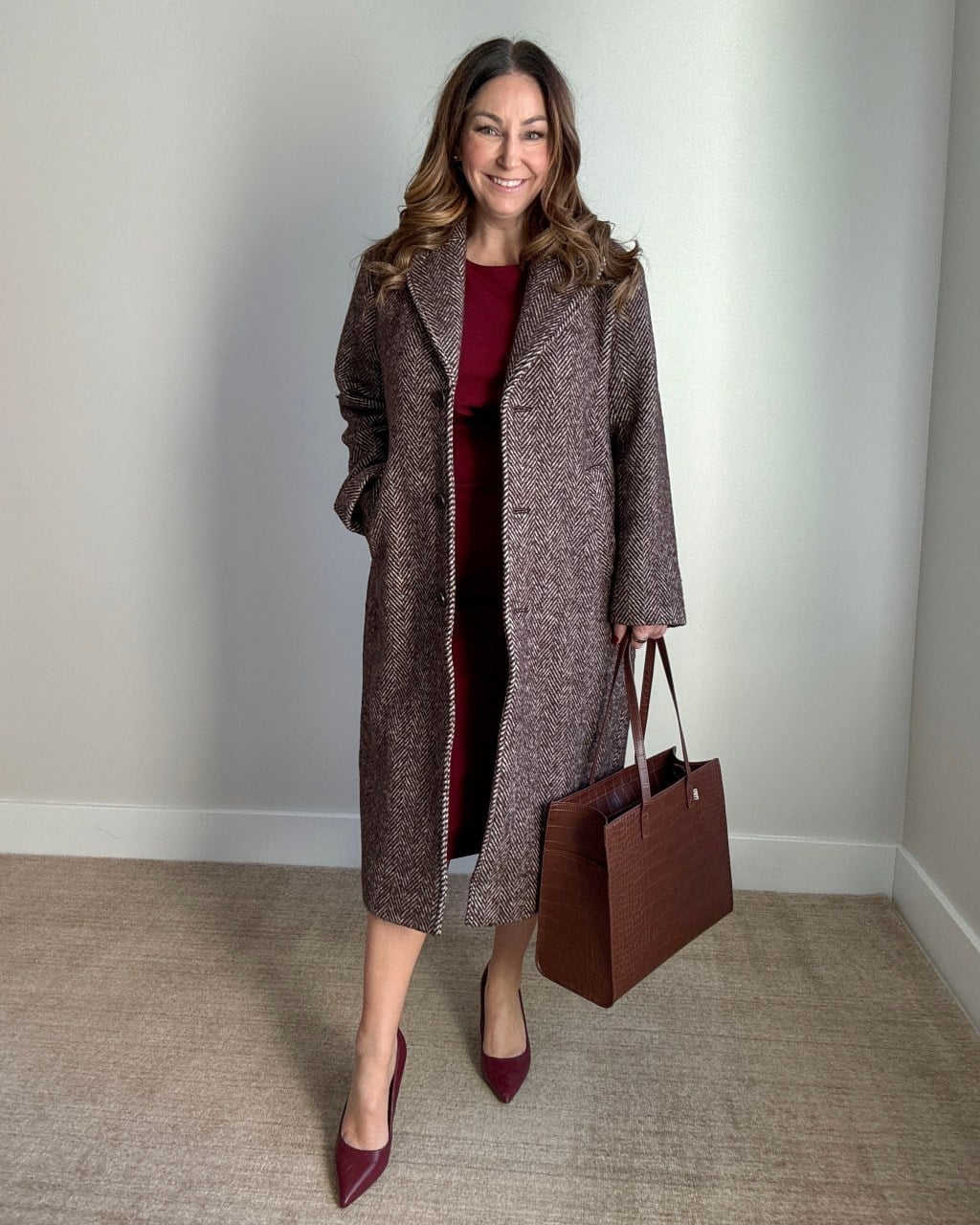 Burgundy Dress with Longline Herringbone Coat and Matching Pumps Burgundy Dress with Longline Herringbone Coat and Matching Pumps — Classy Work Outfits