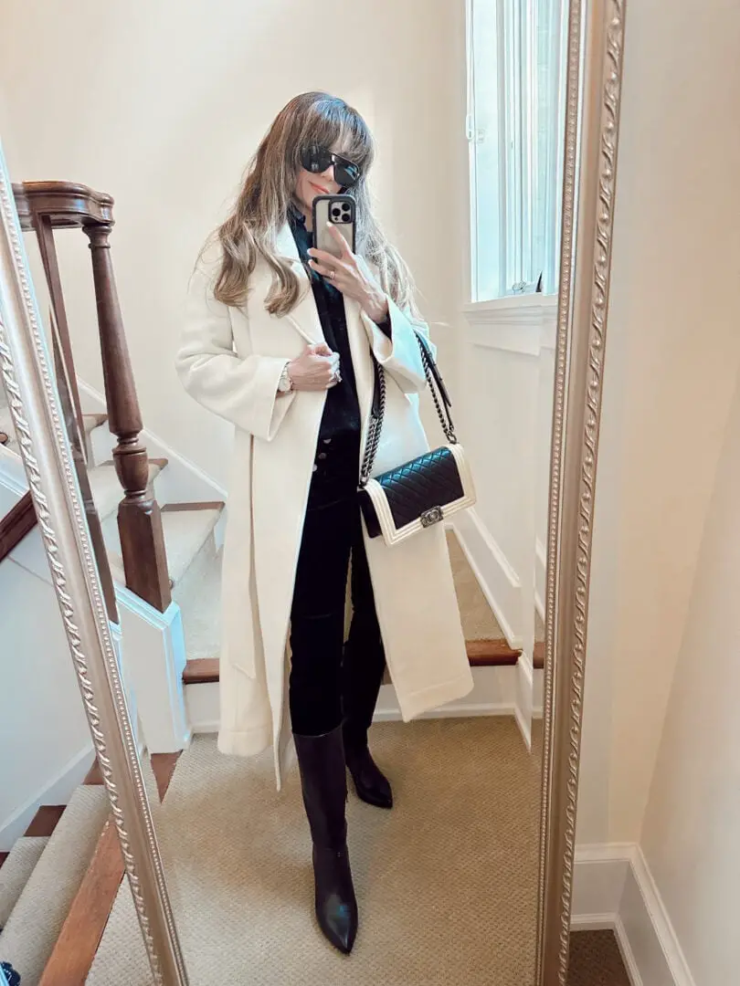 Long Cream Coat Over Black Top and Velvet Trousers with Pointed Boots Long Cream Coat Over Black Top and Velvet Trousers with Pointed Boots — Classy Work Outfits