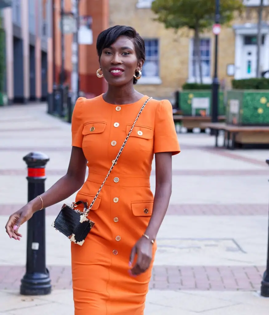 Vibrant Orange Sheath Dress with Nude Pointed-Toe Heels Vibrant Orange Sheath Dress with Nude Pointed-Toe Heels — Classy Work Outfits