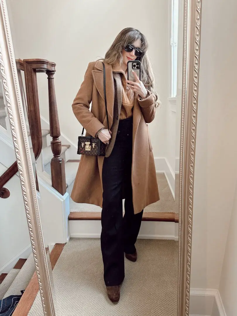 Camel Coat Over Brown Turtleneck and Dark Wide-Leg Trousers Camel Coat Over Brown Turtleneck and Dark Wide-Leg Trousers — Classy Work Outfits