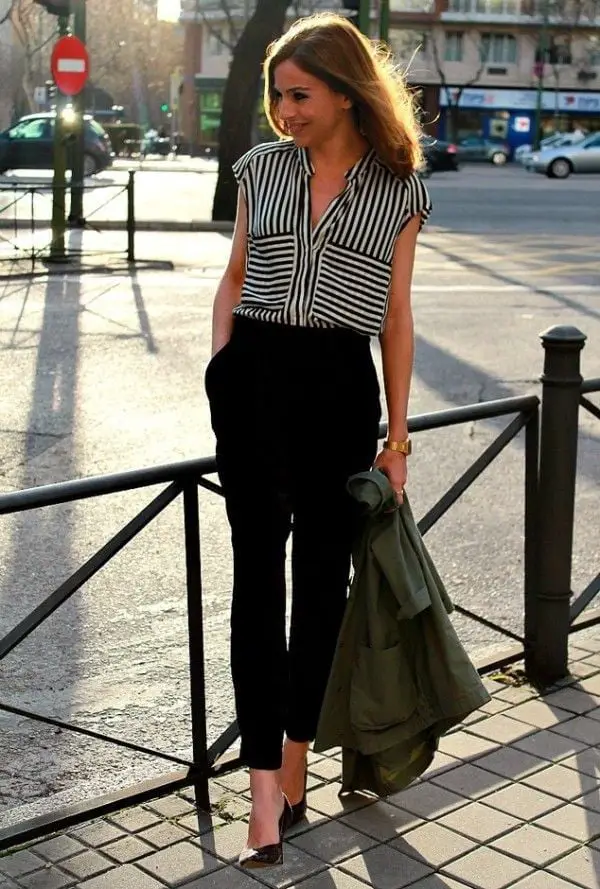 Black High-Waisted Trousers with Striped Sleeveless Blouse and Khaki Black High-Waisted Trousers with Striped Sleeveless Blouse and Khaki — Classy Work Outfits