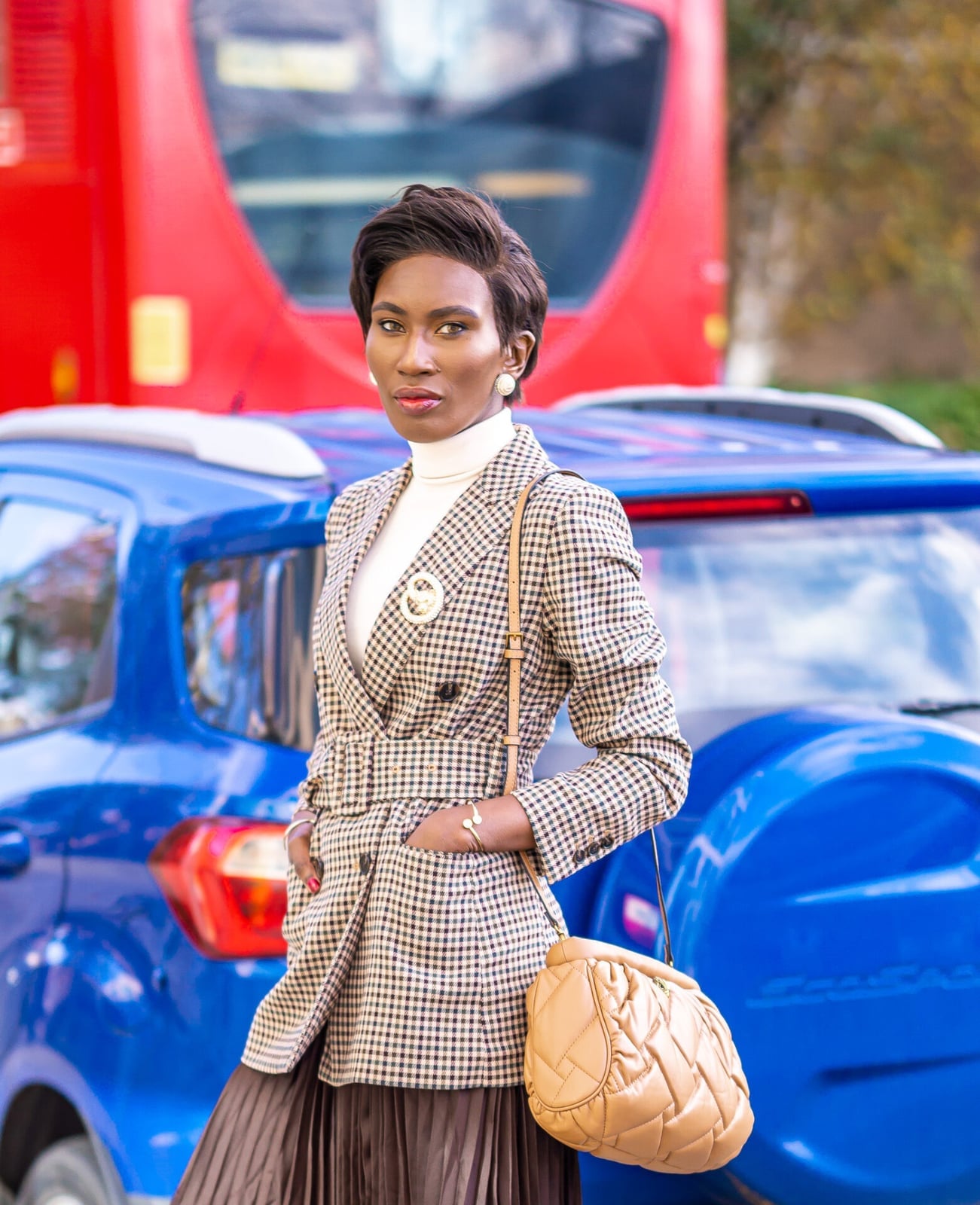 Checked Belted Blazer with White Turtleneck and Pleated Midi Skirt Checked Belted Blazer with White Turtleneck and Pleated Midi Skirt — Classy Work Outfits