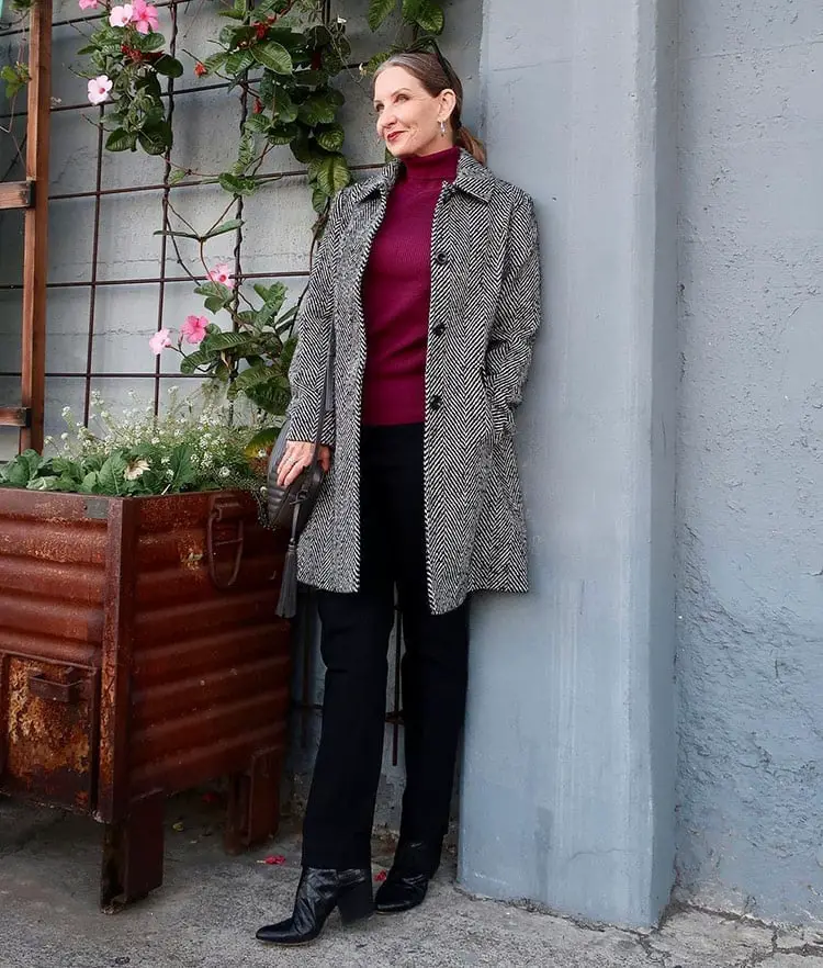Burgundy Turtleneck with Gray Herringbone Coat and Black Trousers Burgundy Turtleneck with Gray Herringbone Coat and Black Trousers — Classy Work Outfits
