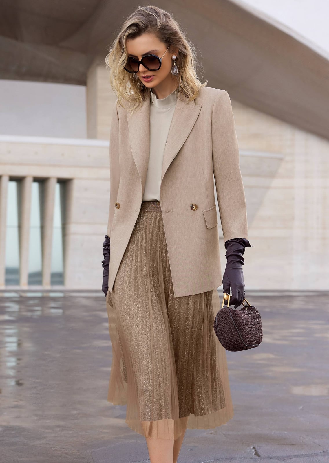 Beige Linen-Blend Blazer Over Neutral Top with Metallic Pleated Skirt Beige Linen-Blend Blazer Over Neutral Top with Metallic Pleated Skirt — Classy Work Outfits