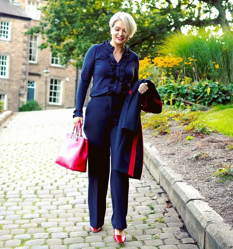Monochromatic Navy Suit with Ruffled Cardigan and Red Heels Monochromatic Navy Suit with Ruffled Cardigan and Red Heels — Classy Work Outfits