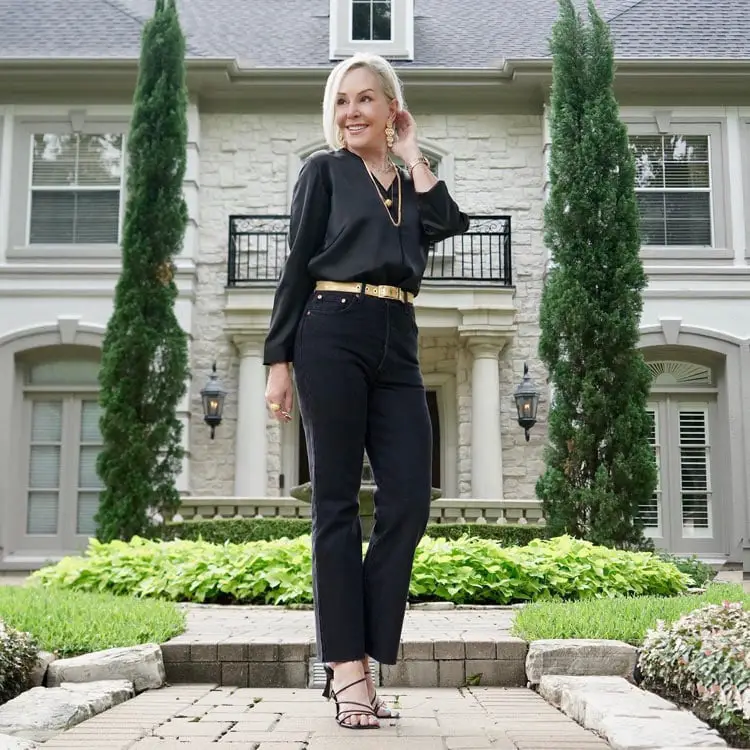 Black Silk Blouse with Straight-Leg Jeans and Statement Gold Belt Black Silk Blouse with Straight-Leg Jeans and Statement Gold Belt — Classy Work Outfits