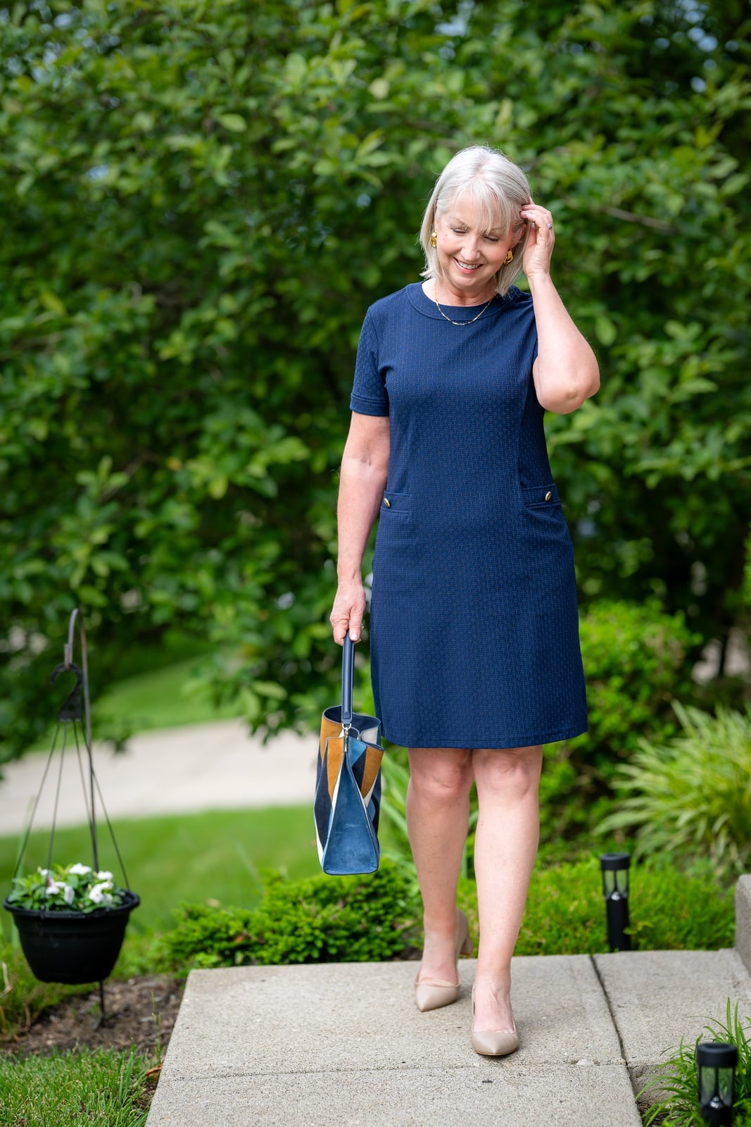 Navy Textured Knit A-line Dress with Nude Pumps Navy Textured Knit A-line Dress with Nude Pumps — Classy Work Outfits