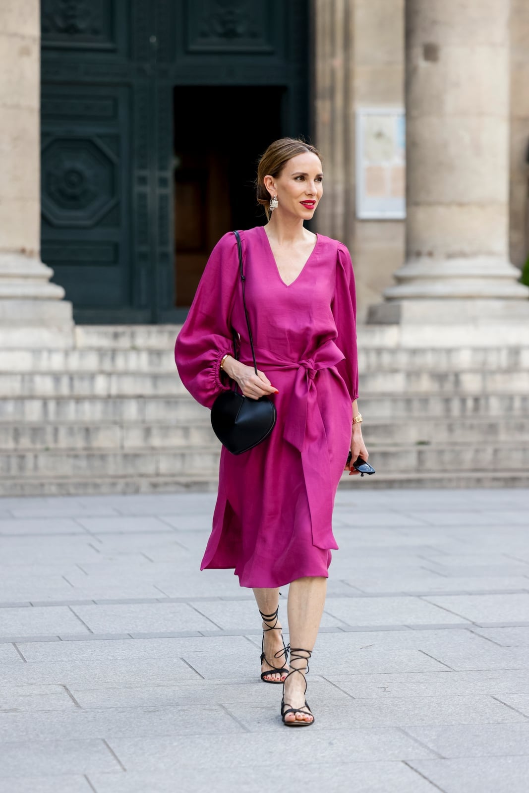 Bright Pink Midi Wrap Dress with Black Strappy Sandals Bright Pink Midi Wrap Dress with Black Strappy Sandals — Classy Work Outfits