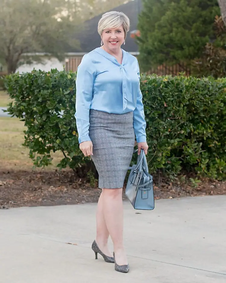 Light Blue Silk Blouse with Gray Tweed Midi Skirt and Gray Pumps Light Blue Silk Blouse with Gray Tweed Midi Skirt and Gray Pumps — Classy Work Outfits