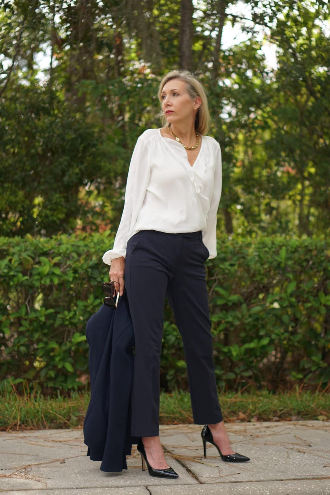 White Silk Wrap Blouse with Navy Wide-Leg Trousers and Blazer White Silk Wrap Blouse with Navy Wide-Leg Trousers and Blazer — Classy Work Outfits