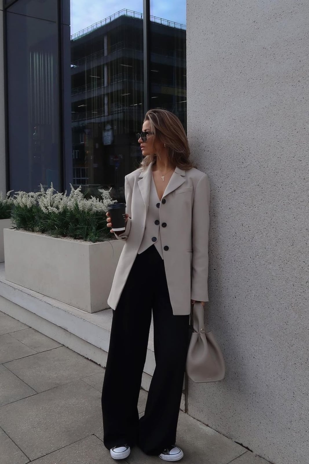 Cream Layered Suit with Vest, Relaxed Blazer, and White Sneakers Cream Layered Suit with Vest, Relaxed Blazer, and White Sneakers — Classy Work Outfits
