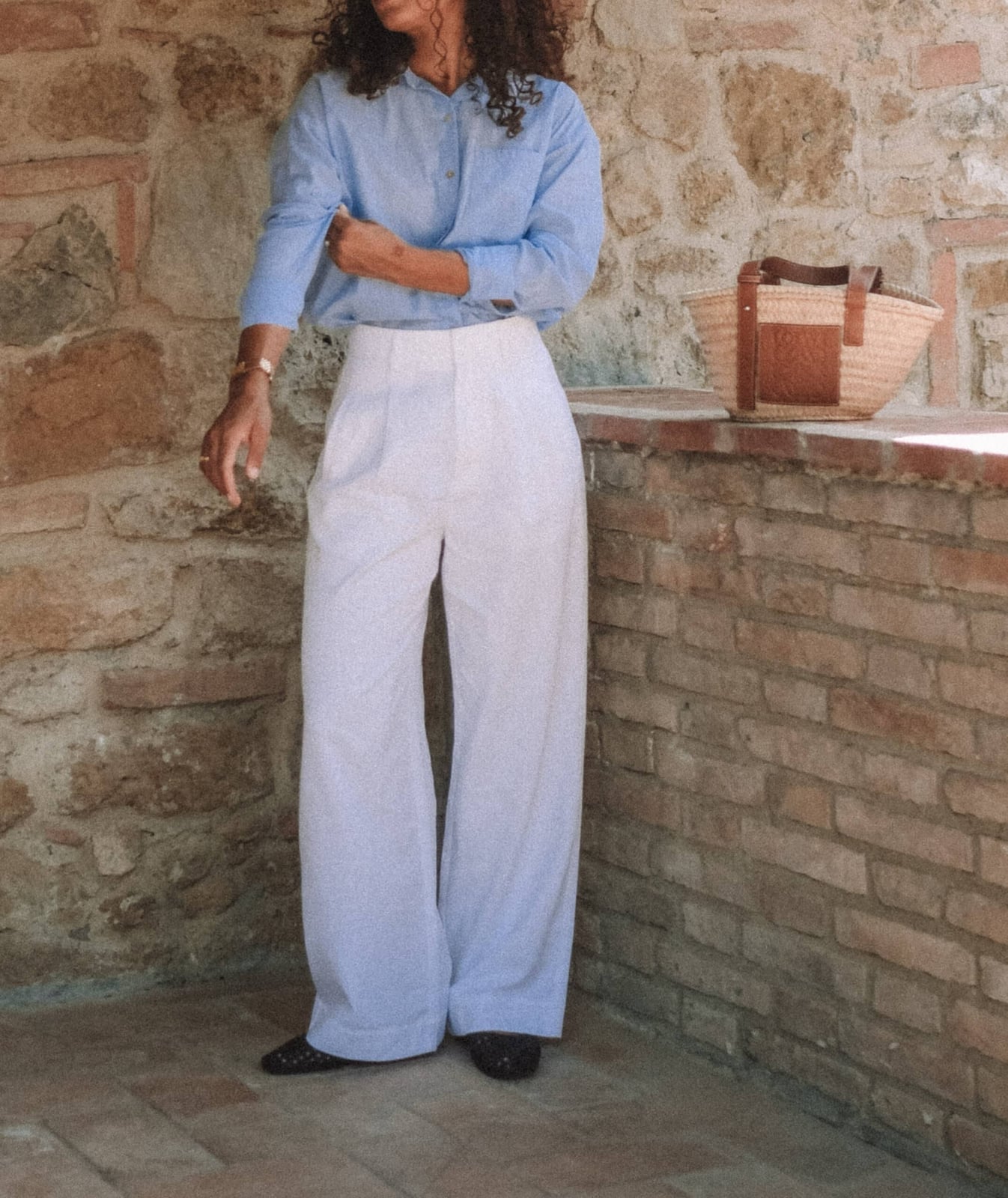 Light Blue Button-Down Shirt with White Wide-Leg Trousers and Black Light Blue Button-Down Shirt with White Wide-Leg Trousers and Black — Classy Work Outfits