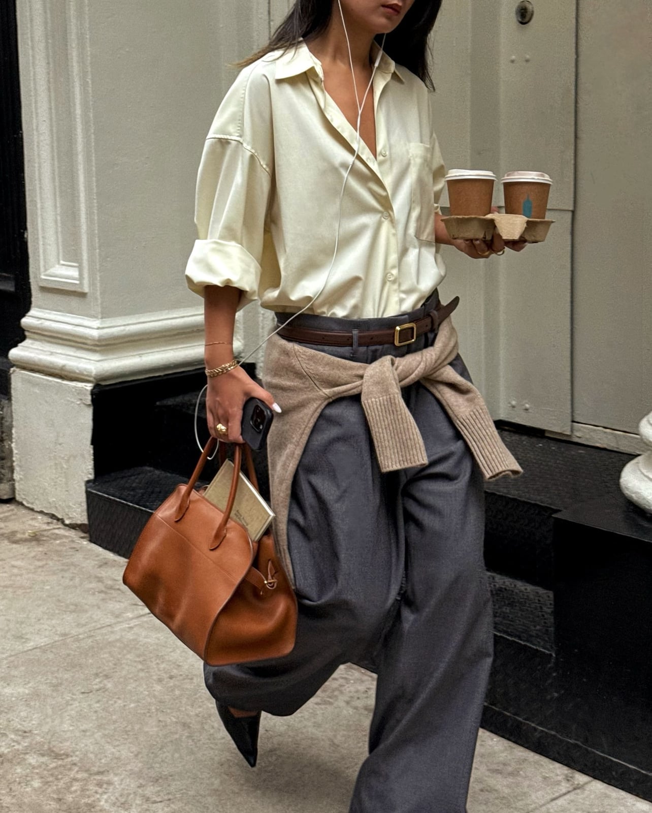 Oversized Pale Yellow Shirt with Gray Wide-Leg Trousers and Cardigan Oversized Pale Yellow Shirt with Gray Wide-Leg Trousers and Cardigan — Classy Work Outfits